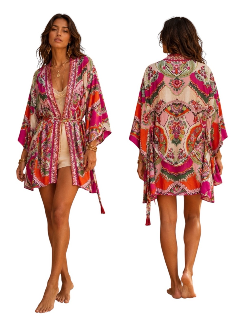 Rachel Zoe Boho Luxe Floral Belted Kimono Robe | L-XL |  Reversible Resortwear - Picture 3 of 12